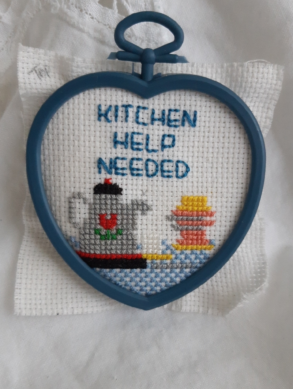 Handmade 'Kitchen Help Needed' Blue Heart Hoop Cross-Stitch